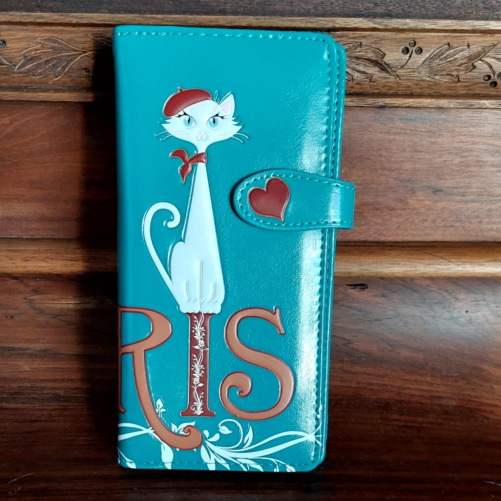 Shagwear Large Zipper Wallet Paris Cat Teal - New